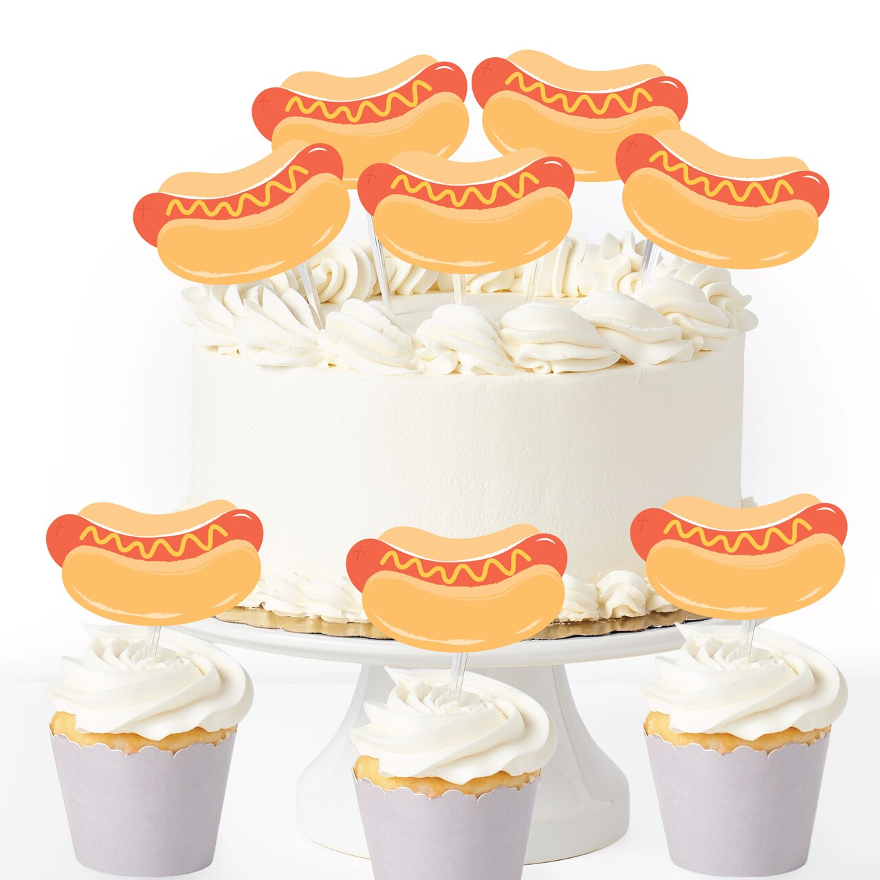 Big Dot of Happiness Hot Dog Dessert Cupcake Toppers, Summer Birthday BBQ Picnic Party Decor, Hot Dog Treat Picks - Set of 24
